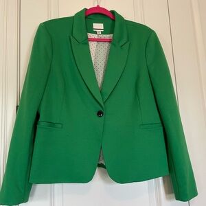 Kelly green blazer, single button, lined, shoulder pads.